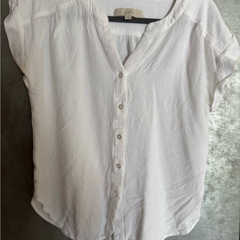LOFT Cream Button Down Short Sleeve Blouse